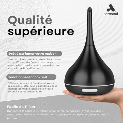 Aerosoul® Diffuseur Huiles Essentielles 100ml, Diffuseur Ultrasonique D'huile Essentielle Design Élégant, USB, Auto-Off, Brouillard 6h, Diffuseur Aromatherapie, Plastique Aspect Noir