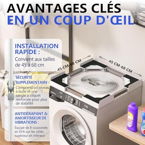 JHCHU Kit de superposition universel pour lave-linge et sèche-linge - Cadre réglable 45 à 68 cm - Idéal pour connexion de machine à laver et sèche-linge (blanc)