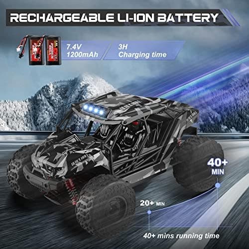 Lischwert Voiture télécommandée, 2,4 GHz 1:18 proportionnelle 4WD 50+ km/h Hobby Offroad Monster RC Truck, RC Crawler avec lumière LED, 2 Piles
