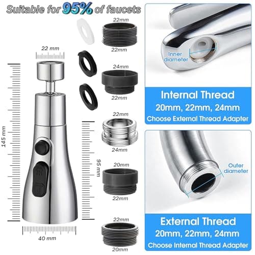 Aérateur de Robinet Pivotant à 360°, Embout Robinet Cuisine avec 3 Modes, Douchette Mousseur Robinet Economie Eau, Adaptateur de Rallonge de TêTe de Robinet Salle De Bain lavabo (Argent)