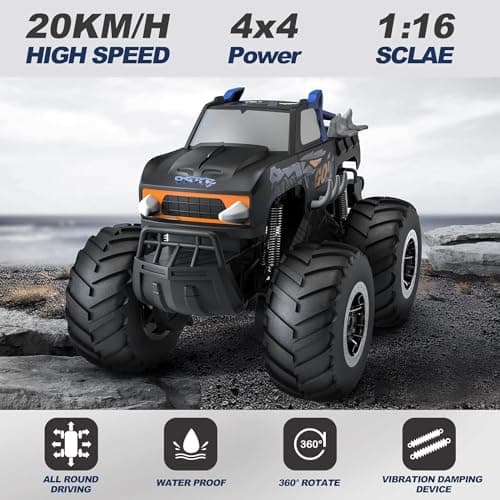 RC Imperméable Monster Truck Garçon 5 6 7 8 Hors Route Toy Car Camion Radiocommandé avec 2 Batteries 1/16 4WD 2,4 GHz RC Voiture à Grande Vitesse 20km / h Camion Monstre pour Enfants 5-7 Ans