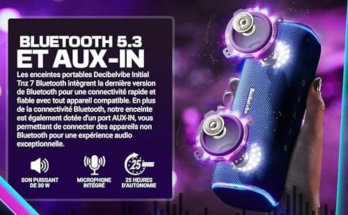 Decibelvibe Initial Tnz 7 - Enceinte Portable Bluetooth 5.3 Puissante (30W) Sans Fil, Étanche IPX7, Basses Profondes, 25H d'autonomie, Lumières LED, Couplage Stéréo Pour Intérieur et Extérieur. (Cyan)