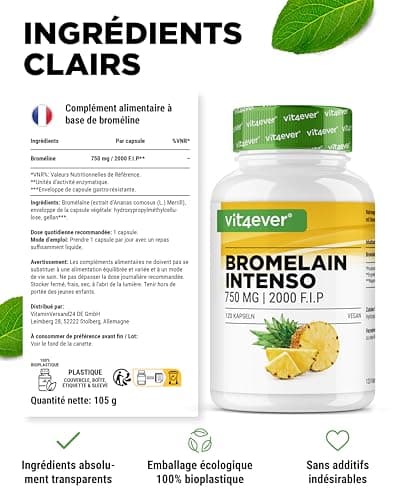 Bromélaïne Intenso - 750 mg (2000 F.I.P) - 120 gélules gastro-résistantes - Extrait naturel d'ananas - Testé en laboratoire - Vegan - Hautement dosé