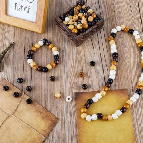 Andibro Lot de 200 perles en bois, 5 couleurs, grands trous, pour le bricolage, les dreadlocks, les tresses de cheveux, le macramé, la fabrication de bijoux