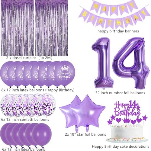 Décoration 14 ans anniversaire fille violet,Rideau Frange Anniversaire 14 ans violet,Ballons 14 ans anniversaire fille violet,Decoration Anniversaire 14 ans fille,14 ans violet Frange Brillant