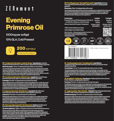 Huile d'Onagre Pressée À Froid, 1000mg Huile Onagre par gélule | 200 Gélules, 10% GLA et Vitamine E | Complément Alimentaire Peau, Cheveux, Ongles & Spécial Bien-Être Femme | Zenement