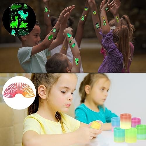 80 Pièces Kit Cadeau Anniversaire Enfants Invites - Sac Mixte Assortiment Jouet Prix du Trésor pour Fille Garçon(spirales arc-en-ciel,Porte-clés,Tatouage)