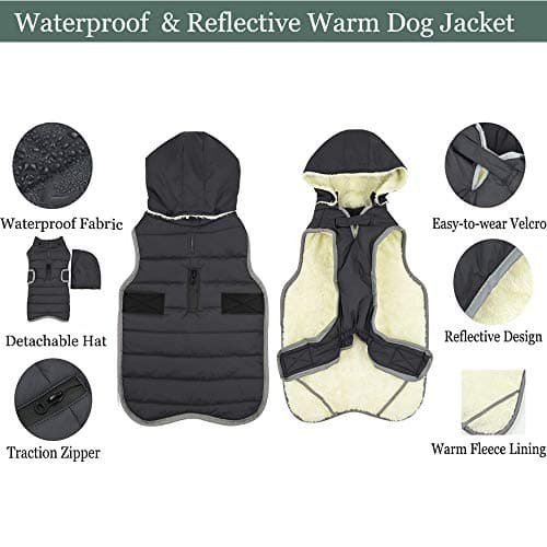 Etechydra Manteau Chien Veste Gilet Chaud de avec Chapeau Détachable, Confortable d'hiver Imperméable Vêtement Chien Doublure en Polaire Chaude Hiver-Coat Manteaux, Black Gris XS.