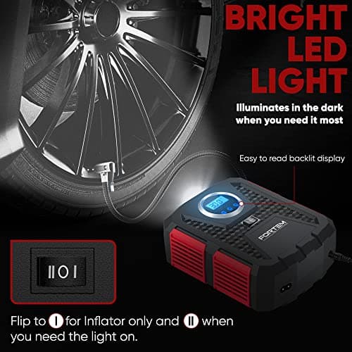 FORTEM Gonfleur de Pneus 150 PSI, Pompe à Vélo, Pompe à Air 230V AC 12V DC Pour Pneus de Voiture, Manomètre Digital Avec Pompe Automatique/Arrêt, étui de Transport (rouge)