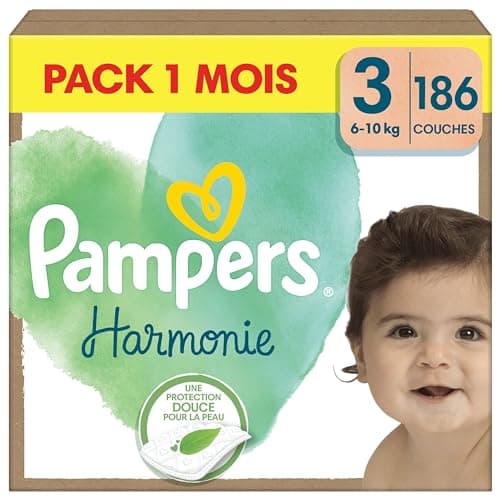 Pampers Harmonie, Taille 3, 186 Couches, 6-10kg, Protection Douce pour la Peau, Ingrédients d’origine végétale en contact avec la peau de bébé, Avec un Emballage Recyclable en Papier, Pack 1 Mois