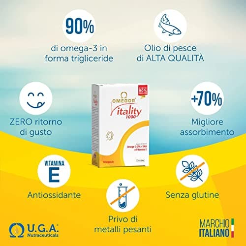 Omegor Vitality 1000 - Supplément alimentaire avec 90% des oméga 3 sous forme de triglycérides - avec de la vitamine E - pour le cœur, la vision et le cerveau en santé - 30 gélules