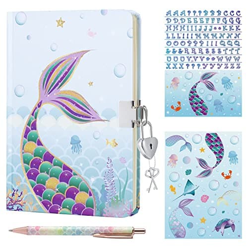 WERNNSAI Ensemble de Carnet de à Paillettes- Journal de Sirène Cadeau pour Filles Enfants Bleu Voyage Journal a5 Cahier Écriture Bloc de note stylo à bille, autocollantsavec serrure et clés