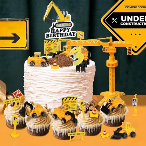 QXNDXQ 17 Pièces Décoration Gâteau Véhicule de Construction,Décorations de Gâteau D'excavatrice,Deco Gateau Tracteur,Panneau de Signalisation Cupcake Toppers,Decoration Gateau Anniversaire Garcon