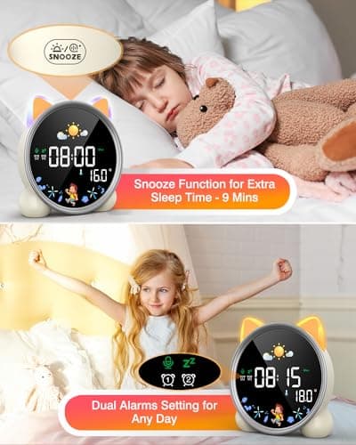 LEMNOI Réveil Educatif Jour Nuit Reveil Enfant Chatte 5 Couleurs Lumineux LED Lampe de Chevet avec Musique,Double Alarme,Température,Fonction Snooze