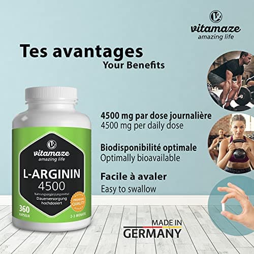 L-Arginine 4.500 mg Fort pour les Sportifs - 360 Gélules (3 Mois) - Performance Physique - Supplément d'Arginine Pure et Naturelle sans Additifs Inutiles