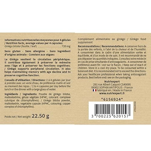 NUTRIEXPERT - Ginkgo Biloba - Préservation mémoire et fonctions cognitives - Soutient la circulation périphérique - Complément Alimentaire Végan - Cure 30 jours - Marque Française
