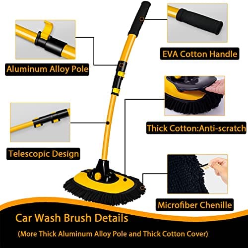 Inclinable 15° Brosse Lavage Voiture avec Manche Telescopique Rétractable 43" Alliage D’Aluminium Kit Balai Spéciale Nettoyage De Caravane Camion Outils De Chenille Microfibre Vadrouille Anti Rayure