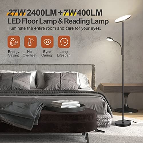 OUTON Lampadaire sur Pied LED, Lampe sur Pied Dimmable 4 Températures de Couleur, Lumière Principale de 27 W et Lampe de Lecture de 7 W, Télécommande et Contrôle tactile pour Salon, Chambre, Bureau
