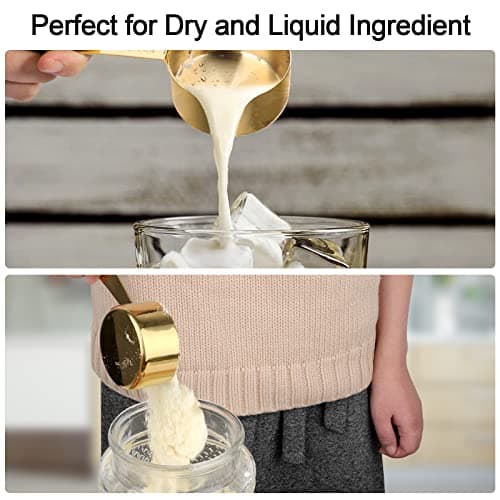 Cuteefun Set de 9 Tasses et Cuillers à Mesurer, Manche en Acier Inoxydable avec Mesures Métriques et Américaines, Finition Polie Or, Cuillere Doseuse Sèche et Liquide pour Pâtisserie, Cuisine(Or)