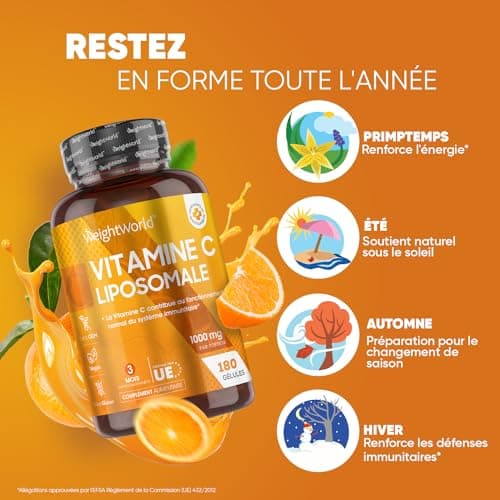 Vitamine C Liposomale 1000mg - 180 Gélules Vegan (3 mois) - Antioxydant, Anti Fatigue, Immunité Adulte, Vitamine C Gélules, Acide Ascorbique Haute Absorption avec Extrait d'Églantier (Cynorrhodon)