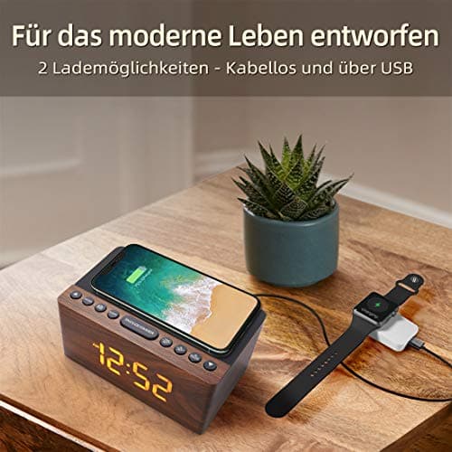 Radio Réveil Numérique en Bois avec Radio FM,Station de Charge sans fil Rapide Pour iPhone/Samsung Galaxy,Alarm Clock et Affichage LED,Variateur à 5 Niveaux,Port USB,Minuterie de Sommeil, Marron