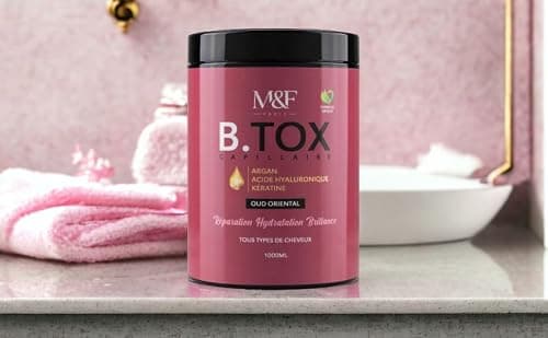 M&F Paris - B.TOX Capillaire Professionnel, Masque à la Kératine, Argan, Acide hyaluronique, Sans Sulfates, Parabènes Formol, Masque Hydratant, Réparateur, Lissant, Soin Tous Types de Cheveux, 1000 ml