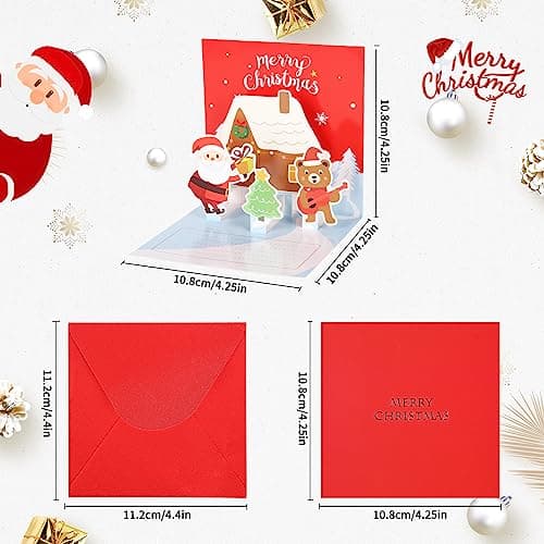 3D Cartes de Noël, 4 Pièces Carte de Vœux Noel avec Enveloppes, 3D Pop Up Christmas Card, Cartes de Joyeux Noël Faite à la Main, Voeux de Vacances Cartes pour la Famille, les Amis et les Enfants