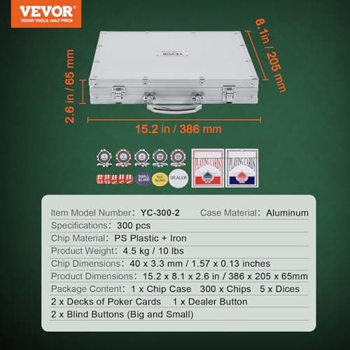 VEVOR Mallette de Poker 300 Jetons de Poker en Plastiques et Alu 11,5 g 40 x 3,3 mm avec 2 Jeux de Cartes 1 Bouton de Croupier et 2 Boutons Blind pour Blackjack Texas Jeux de Hasard Casino à Domicile