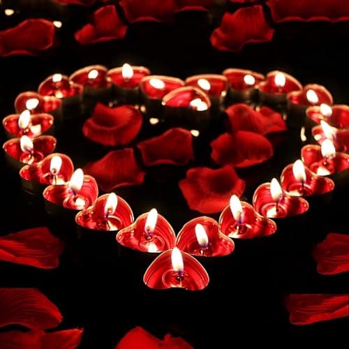 Bougies Romantiques et Pétales,Saint Valentin Décoration,50 Bougies en Forme de Coeur+10 Ballons Coeur Rouges+1000 Pétales de Rose Rouges en Soie,pour Mariage Saint Valentin D'anniversaire Fiançailles