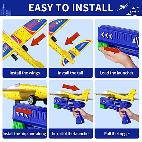 3 Packs de jouets lanceurs d'avion, 12,6 pouces de mousse LED planeur avion catapulte, 2 modes de vol, Outdoor Sports Jouets volants 4 5 6 7 8-12 ans Garçons Filles Cadeaux d'anniversaire (Bleu)