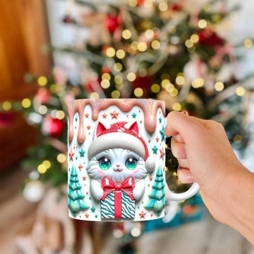 Ancsttu Tasse à café 3D, motif chat de Noël | Tasse à café en céramique avec chapeau de Noël 350 ml pour famille, , amis, collègues