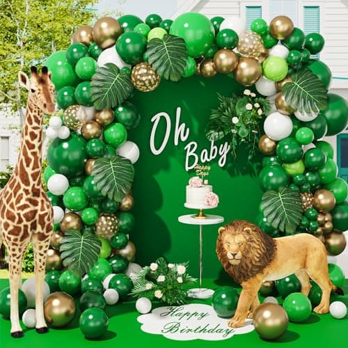 Kitchown 140 Pièces Jungle Forêt Ballons Vert Guirlande Tropical Jungle Decoration Palmier Confettis Latex Ballons Anniversaire Baby Shower Garçons Fille Safari Eté Hawaiian Party