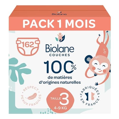 BIOLANE - Couches Taille 3 - (4-9 kg) - Peaux Sensibles - Ultra-Absorbant, Pas de Fuite, 12h au Sec - Pack 1 mois 162 couches - Fabriqué en France