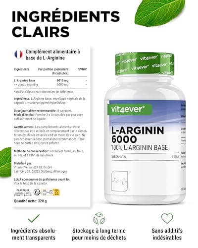 L-Arginine - 365 gélules végétaliennes - Premium : 4500 mg de L-arginine pure par dose journalière - Fabriqué par fermentation végétale - Hautement dosé - Vegan