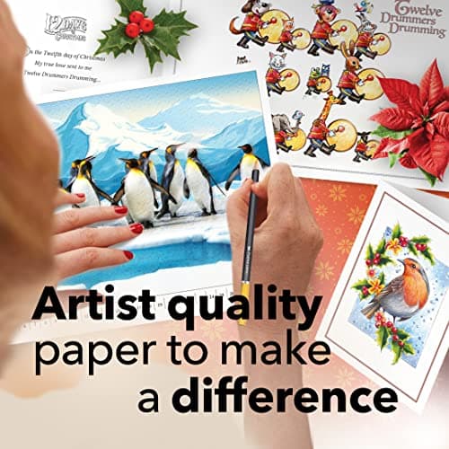 Castle Arts - Livre de coloriage Noël | Cartes, calendrier et scènes festives sélectionnés par nos artistes | Guide de référence des couleurs | Papier épais de qualité | Format paysage A4 à encadrer