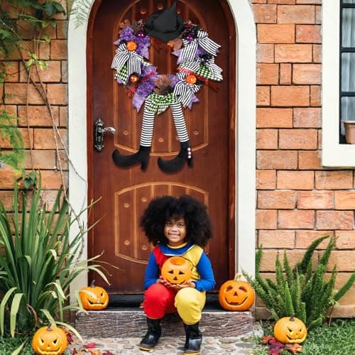 NEMMXUB 35cm Couronne Halloween, Guirlande de Sorcière, Couronne de Porte Halloween, Couronne de Sorcières Chapeau de sorcière Couronne de citrouilles,pour Cour,l'arbre,Porche Décor Murales Fenêtres