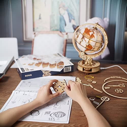 ROKR Puzzle 3D Bois Globe Lumineux Maquette en Bois a Construire STEM Cadeau de Noël Unique pour Papa Homme (ST003)