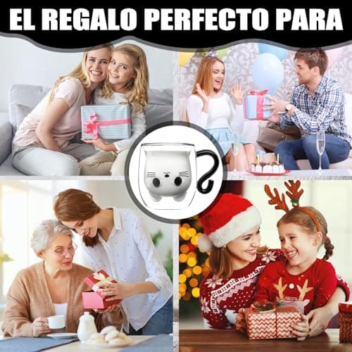 Qinhai Tasse Chat, Tasse a Cafe Double Paroi, Cadeau de Noël Original pour Femme Fille Epouse Maman Nounou Marraine Amie Enfant Garçon Fille, Valentin Fête des Mères Anniversaire Halloween