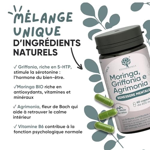 Griffonia 300mg 5-HTP Tryptophane | Avec Agrimony fleur de bach stress anxiété, Vit B6, Moringa BIO | Unique en France | Complément stress anxiété angoisse, BienÊtre Mental | RedMoringa 60 Gélules