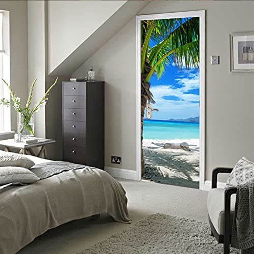 A.Monamour Sticker Porte Autocollant Poster De Porte 3D Cocotier Tropical Plage De Sable Bleu Mer Nature Paysage Vinyle Affiche De Porte Sticker Mural Papier Peint Art Décor 77 x 200 cm