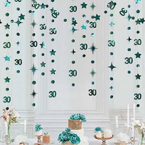 Pink Blume 30 Ans Anniversaire Vert Décorations de fête Indigo Cercle Point Étoile Guirlande Métallique Papier à Suspendue Streamer pour 30 Anniversaire Hommes Femmes 30e décors Fournitures de fête