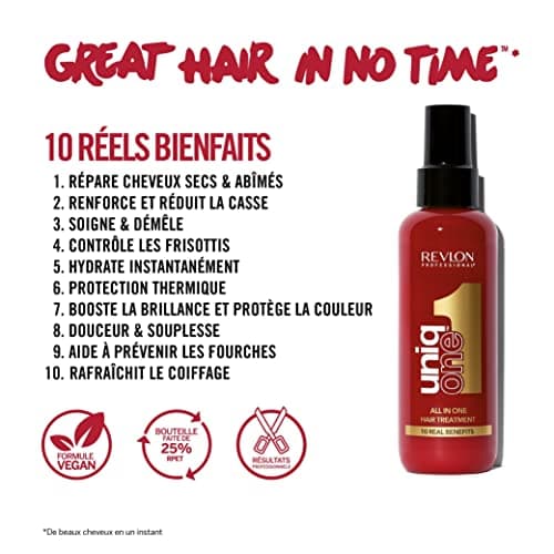 Revlon Professional UniqOne - Masque cheveux en Spray 10 en 1 - Protecteur de Chaleur pour Cheveux - Soin des Cheveux Sans Rinçage - Spray Cheveux Formule Vegan - Tous Types de Cheveux - 150 ml