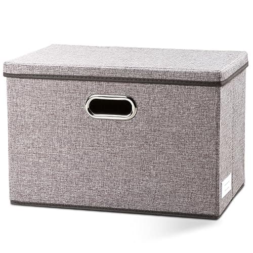 Prandom Grand bac de rangement pliable avec couvercle [1-Pack] Boîte de rangement décorative en tissu de lin Panier Cube avec poignées (45 x 30 x 30 cm)