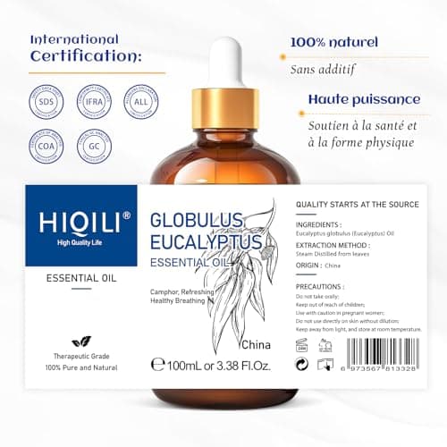 HIQILI Huile Essentielle Eucalyptus 100ML, 100% Naturelle, Huile d'aromathérapie Pour Le Visage, La Fabrication de Bougies, Le Diffuseur, La Peau et Les Cheveux - 3.38 Fl Oz