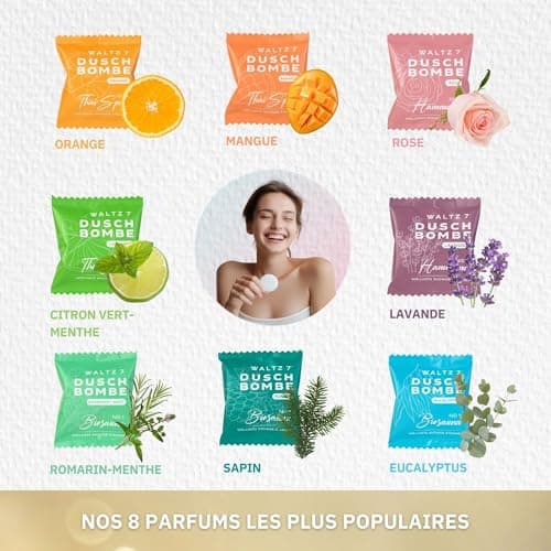 WALTZ 7 Set Bombes de Douche, 16 Sachet, 8 Senteurs, Aromatherapie, Calmant, Revigorant et Relaxant, Idee Cadeau Homme, Femme, Maman, Papa, Grand Mere, Coffret Beaute