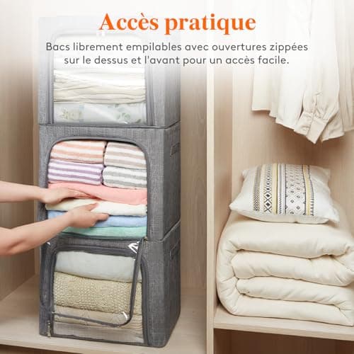 Lifewit Lot de 3 Sacs de Rangement Robuste avec Cadre en Métal, Boîte de Rangement Pliable, Organisateur Placard, Rangement Sous Lit, Boîtes Rangement pour Vêtements, Couvertures, 40L, Gris