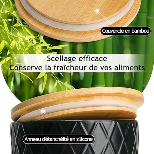 MIAMIO - Set de 3 boîtes de conserve pour le comptoir de cuisine, boîte de conserve en céramique avec couvercle en bois hermétique - parfait pour le café, le thé, le sucre, la farine, le thé (Noir)