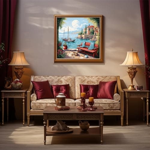 cukol cukol Canevas Broderie Point de Croix Kit Complet Adulte Debutant Compté Pré Imprimé Estampillé Moderne Débutant avec Fils, Facile 11ct Paysage de Rivage Cross Stitch Loisirs Créatifs Set 40x40