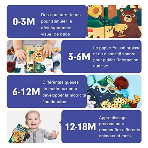hahaland Livre Tissu Bébé Eveil 0 3 Mois Jouet Suspendre pour Bébé 0-3 6 Mois Livre Doux Froissé avec des Animaux de la Jungle Cadeau de Naissance pour Tout-Petit Garçon Fille