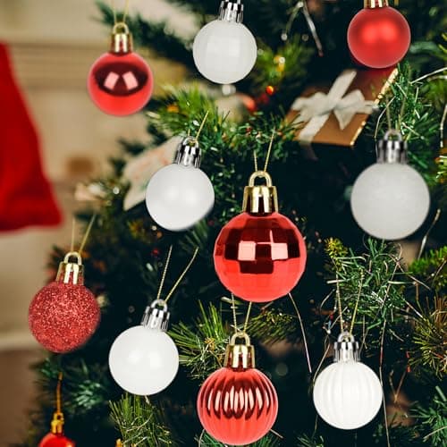 49 pcs Boules de Noël Rouge Blanc Set,3cm plastique Boules de Noël Crochet Boules de Noël Petit pour décoration d'arbre de Noël,Boules d'arbre Décoratio de Noël Boules Pendentif Mini déco d'arbre Noël
